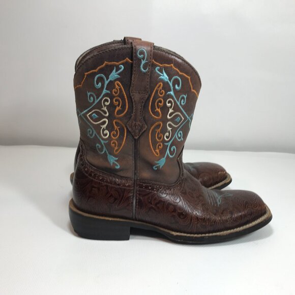 Ariat Boots Women 8 Fatbaby Brown Teal Embroidered Floral Square Toe Western - Picture 4 of 14